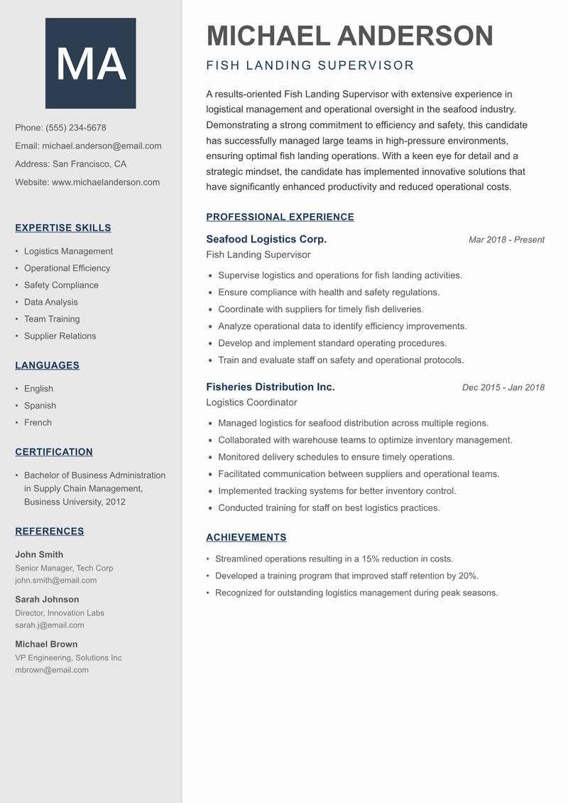 Fish Landing Supervisor Resume Preview Example