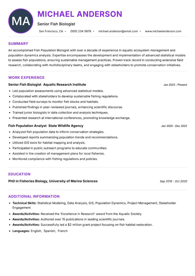 Fish Population Biologist Resume Preview Example