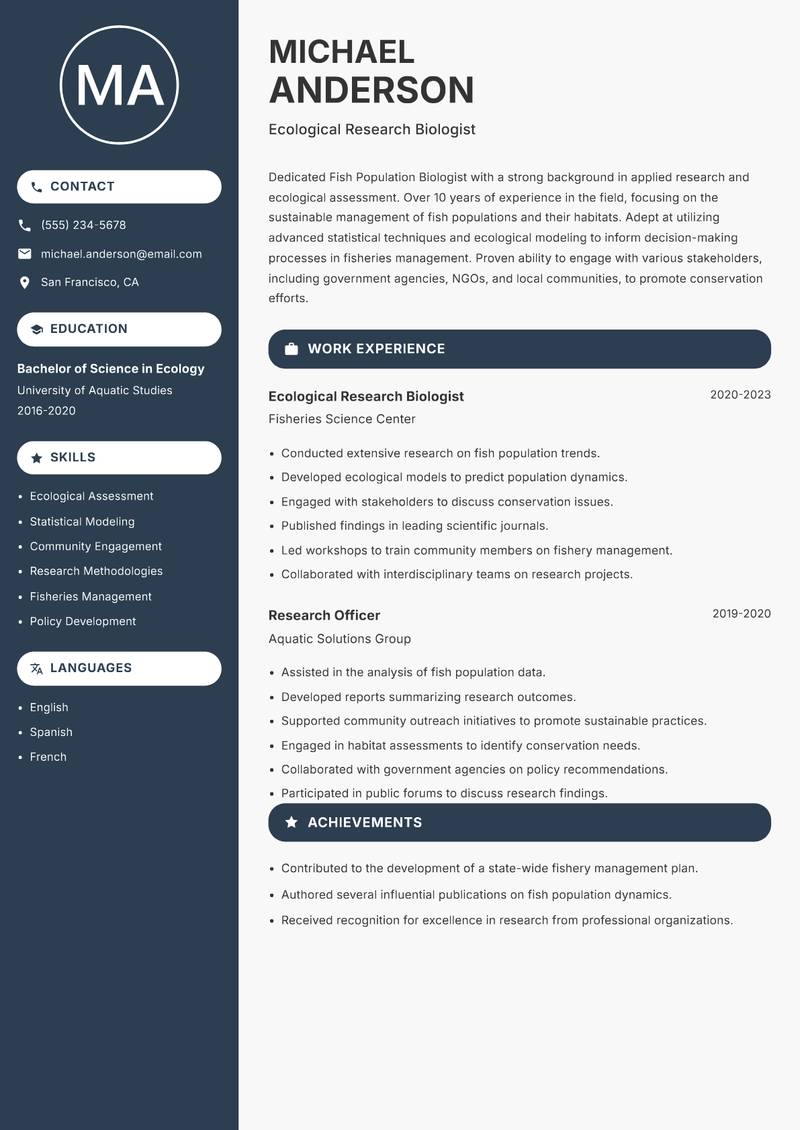 Fish Population Biologist Resume Preview Example