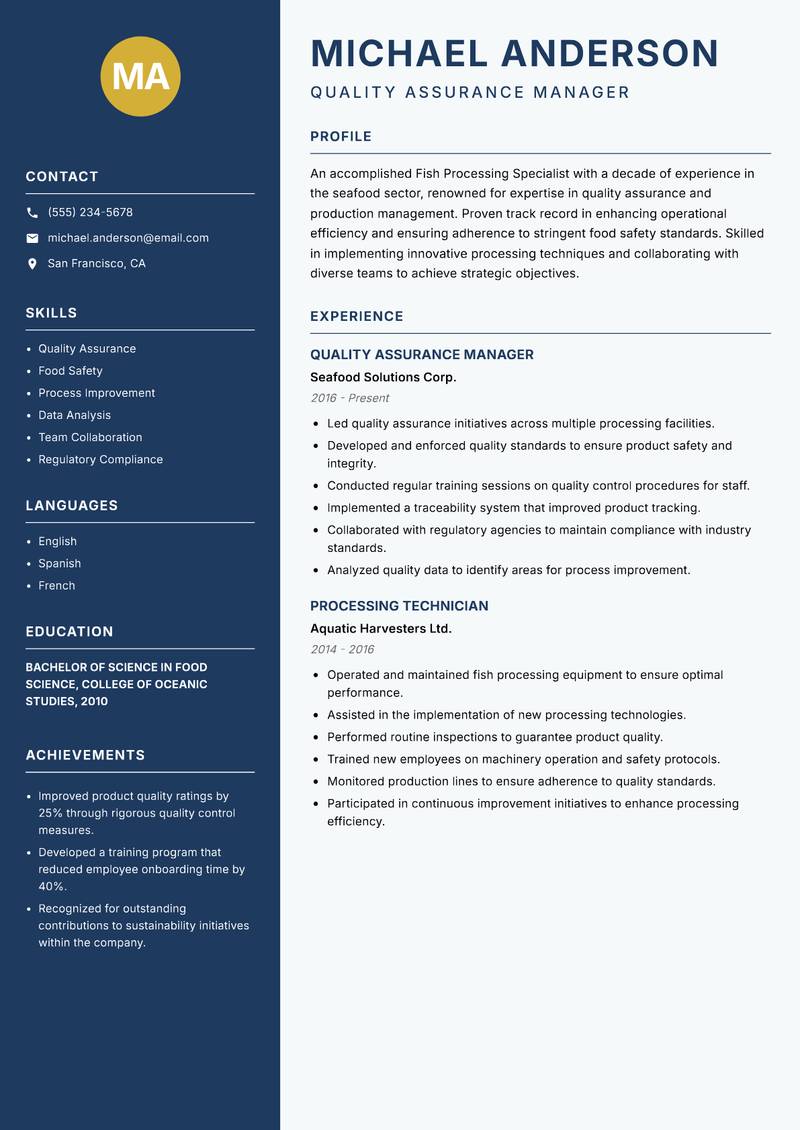 Fish Processing Specialist Resume Preview Example