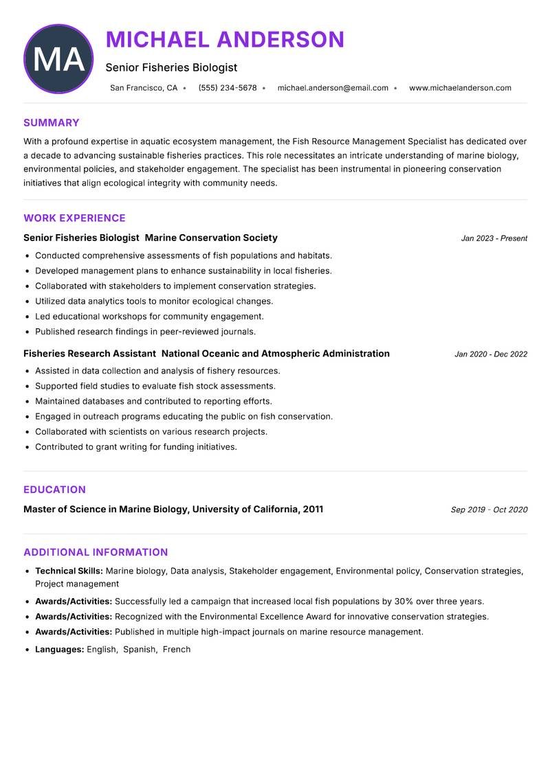 Fish Resource Management Specialist Resume Preview Example