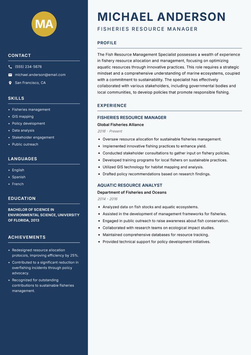 Fish Resource Management Specialist Resume Preview Example
