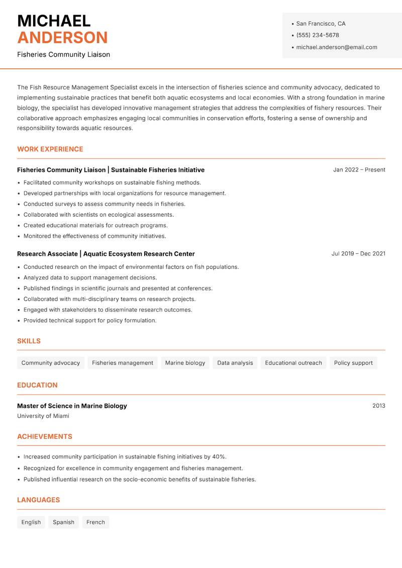 Fish Resource Management Specialist Resume Template