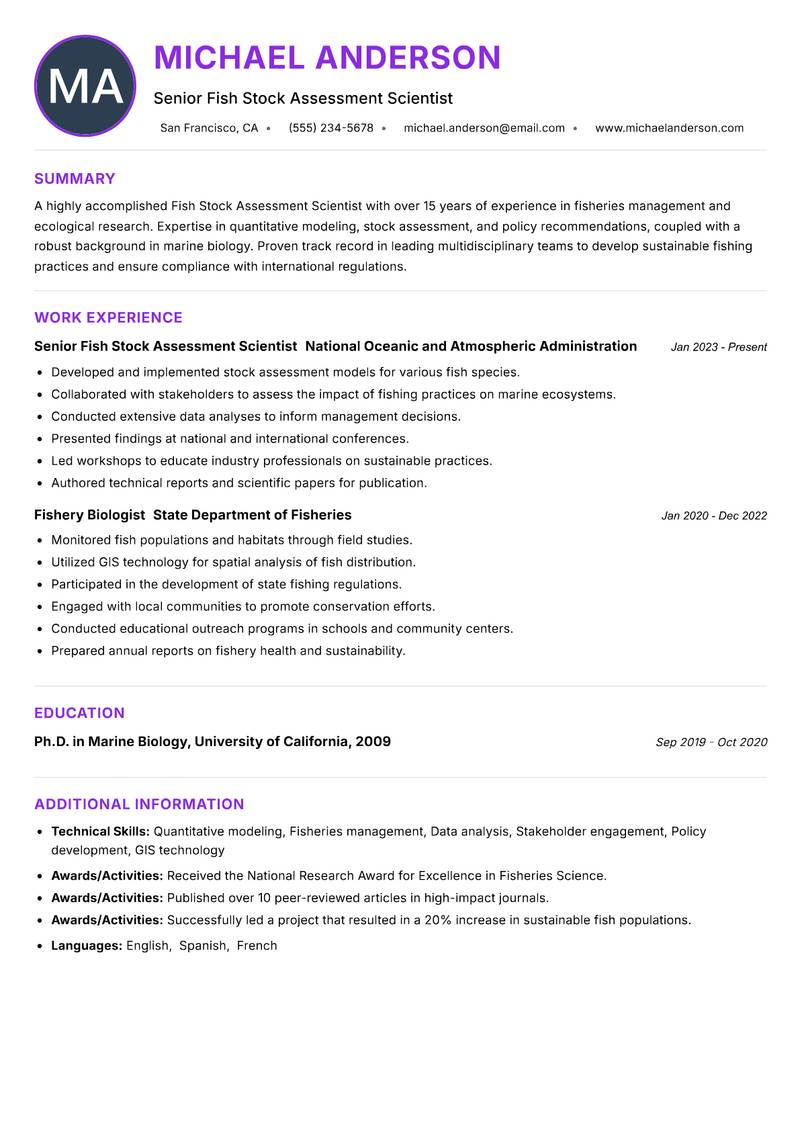 Fish Stock Assessment Scientist Resume Preview Example
