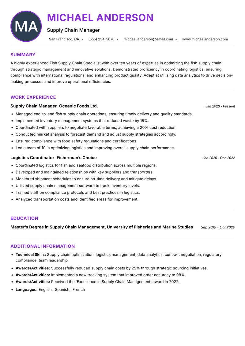 Fish Supply Chain Specialist Resume Preview Example