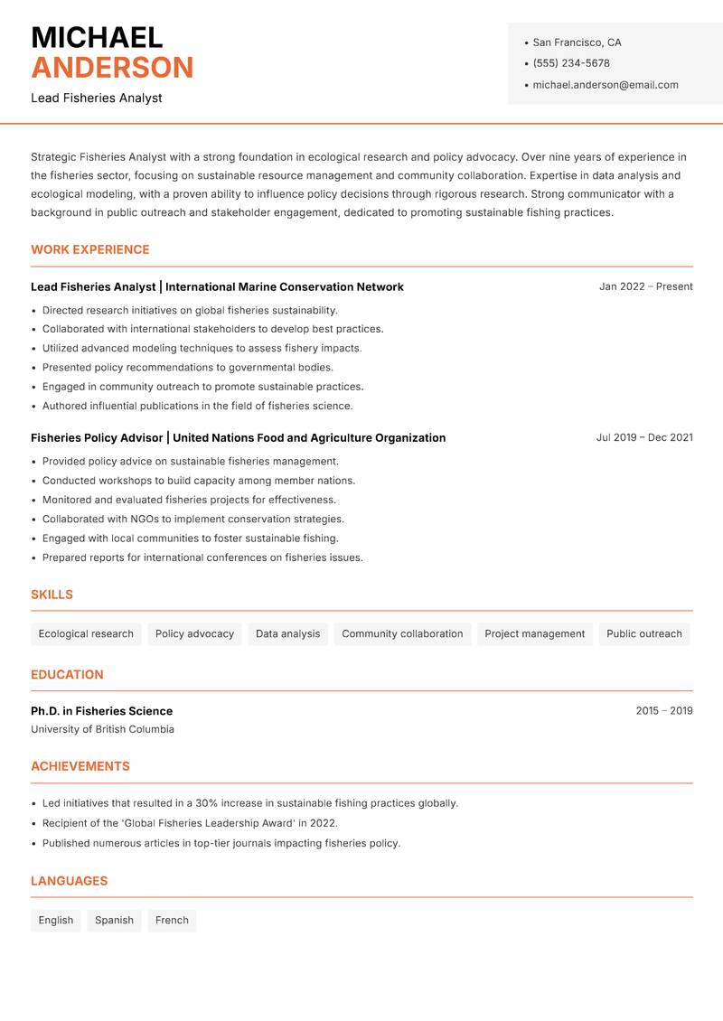 Fisheries Analyst Resume Template