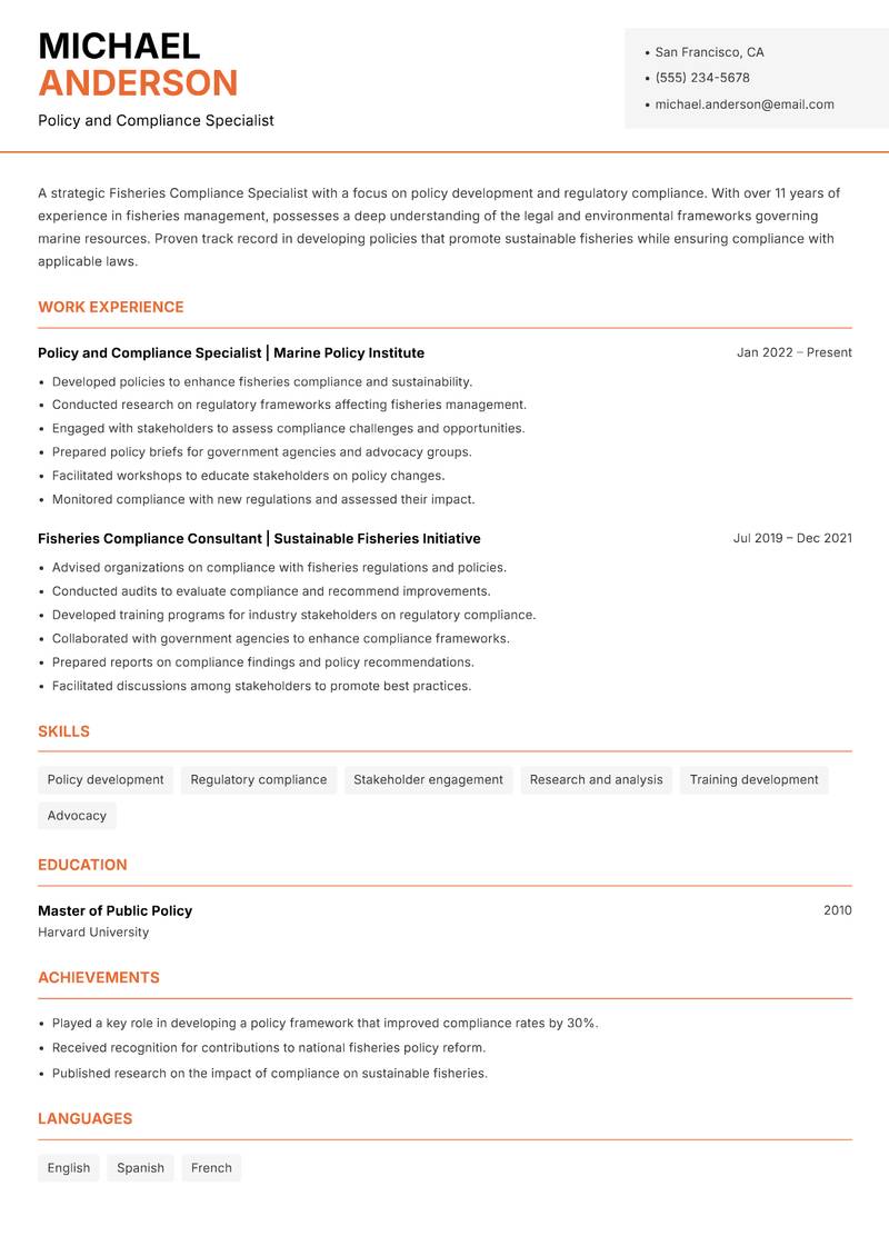 Fisheries Compliance Specialist Resume Template