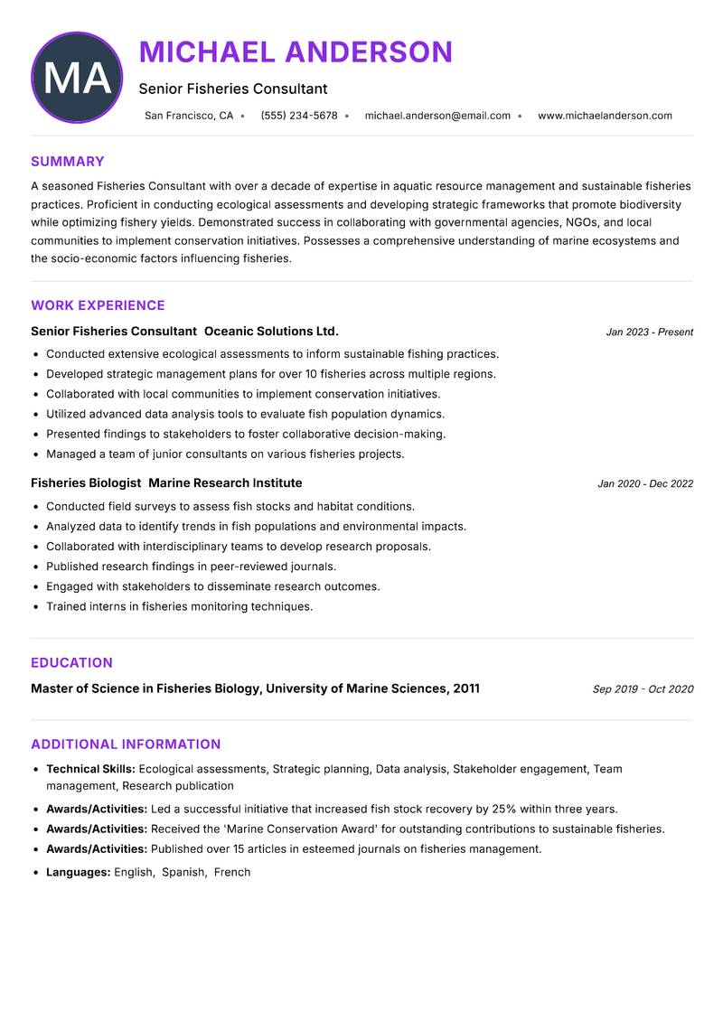 Fisheries Consultant Resume Preview Example