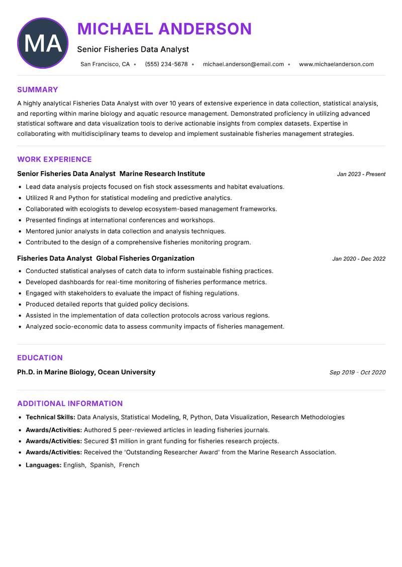 Fisheries Data Analyst Resume Preview Example