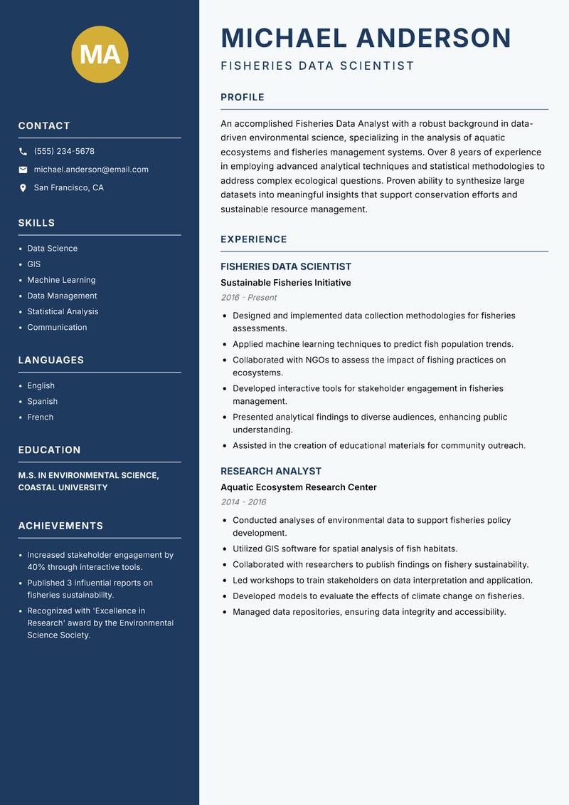 Fisheries Data Analyst Resume Preview Example