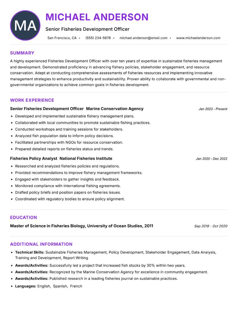 Fisheries Development Officer Resume Preview Example