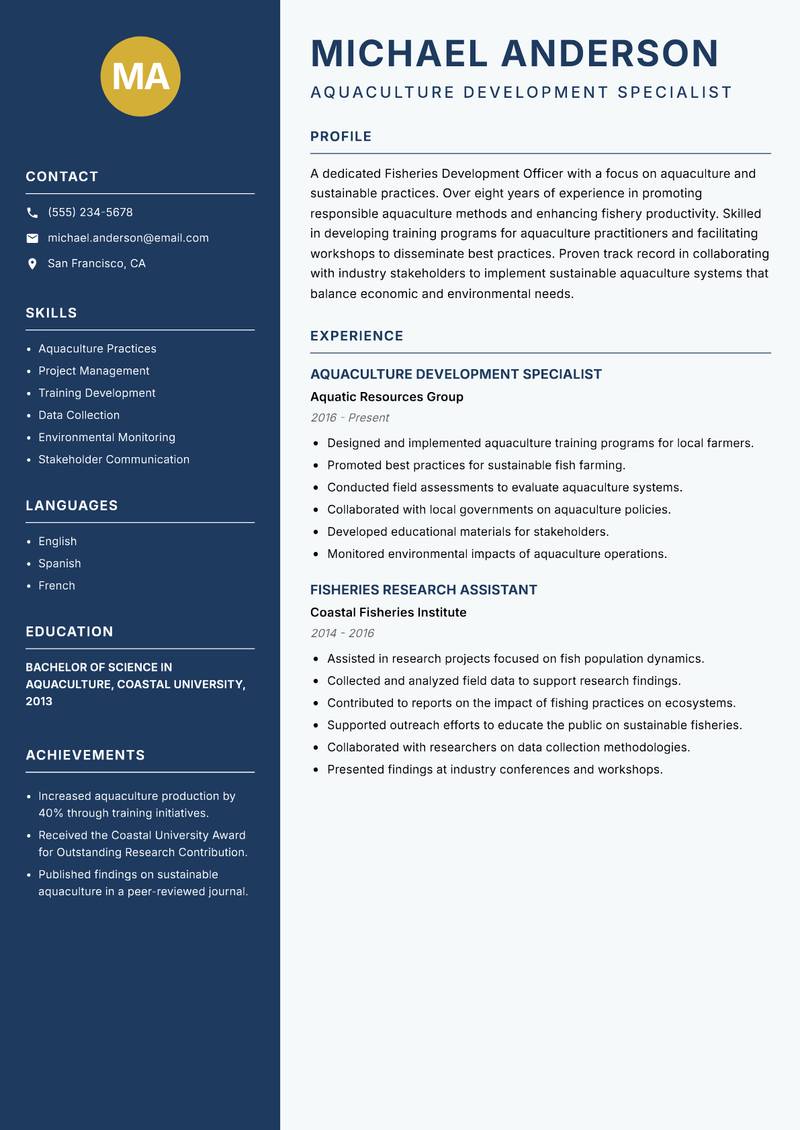 Fisheries Development Officer Resume Preview Example