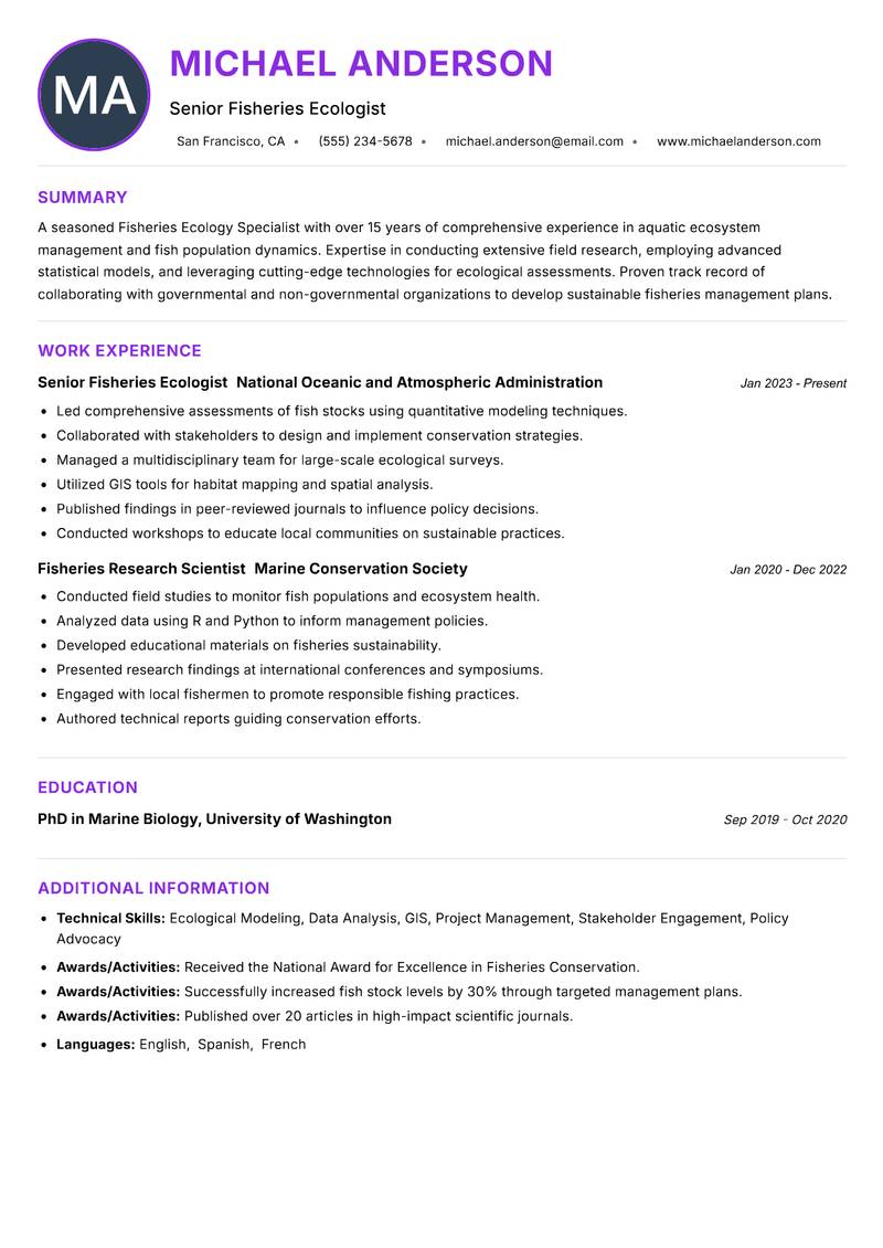 Fisheries Ecology Specialist Resume Preview Example