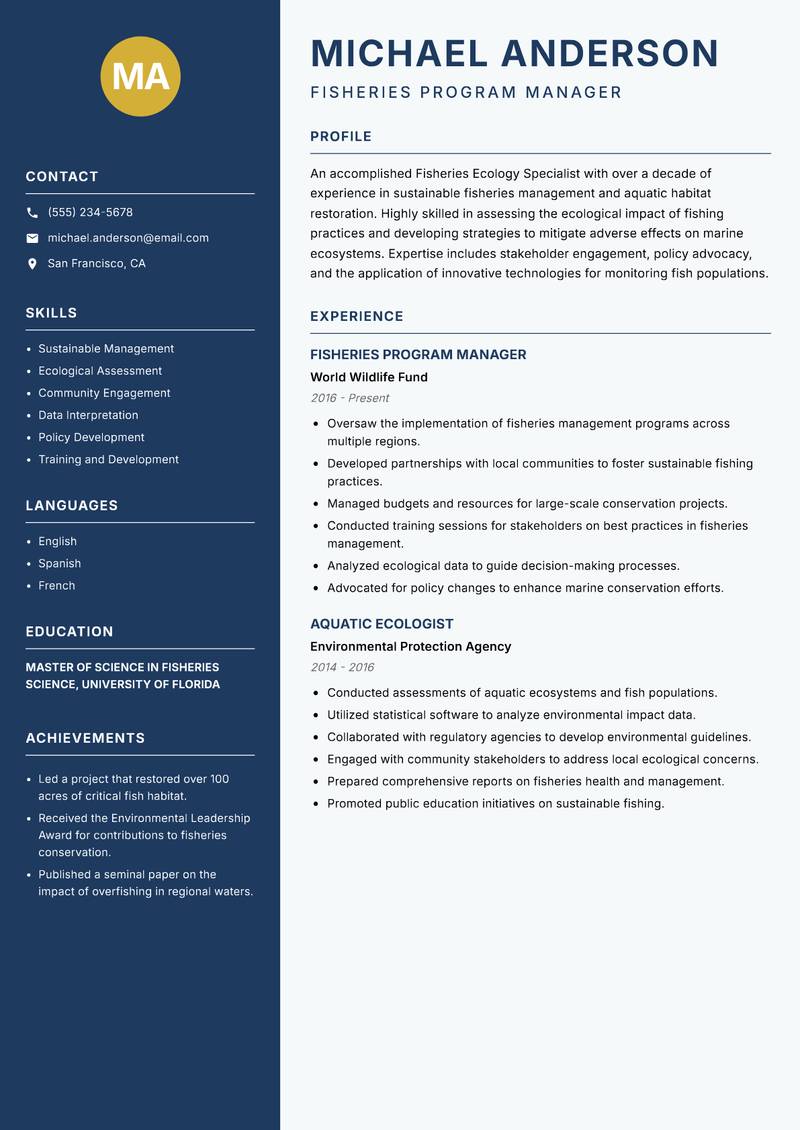 Fisheries Ecology Specialist Resume Preview Example