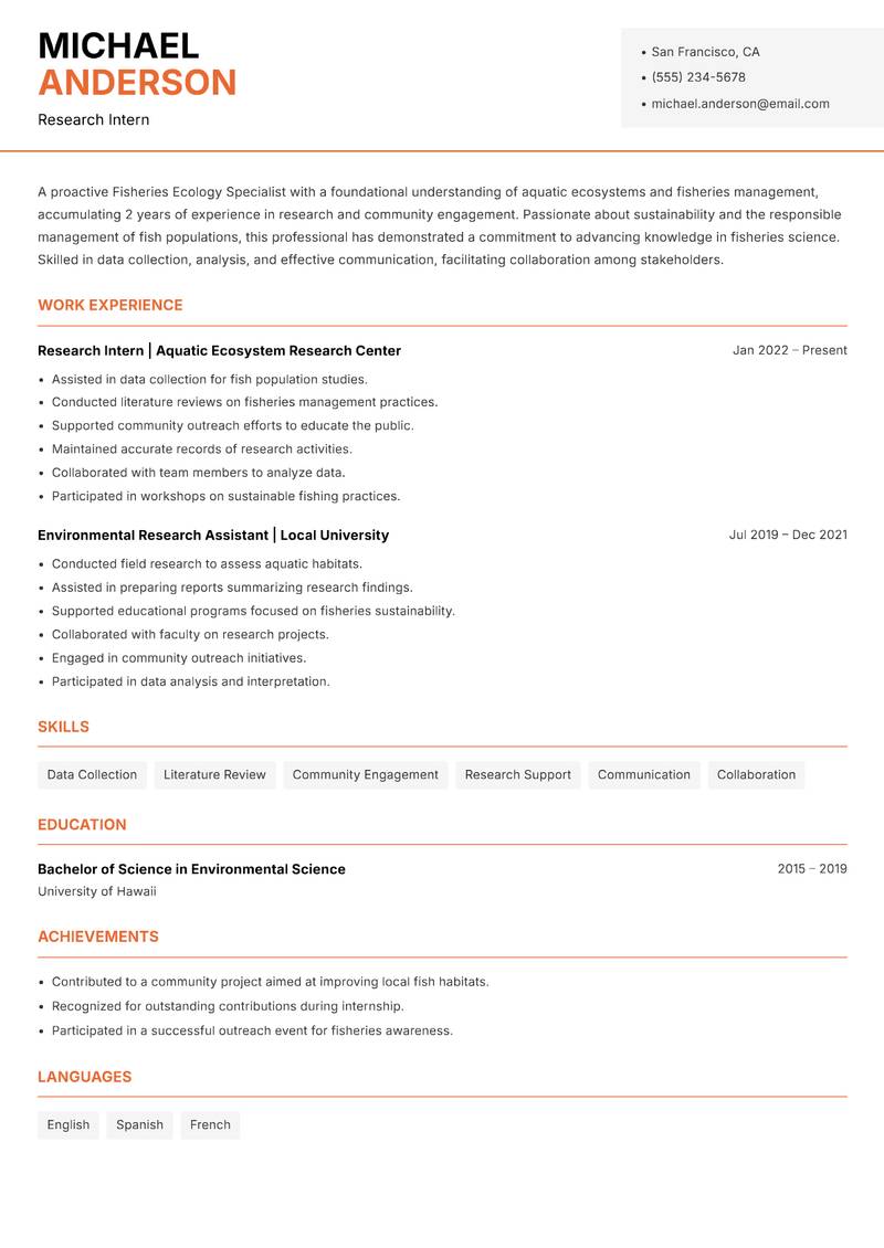 Fisheries Ecology Specialist Resume Template