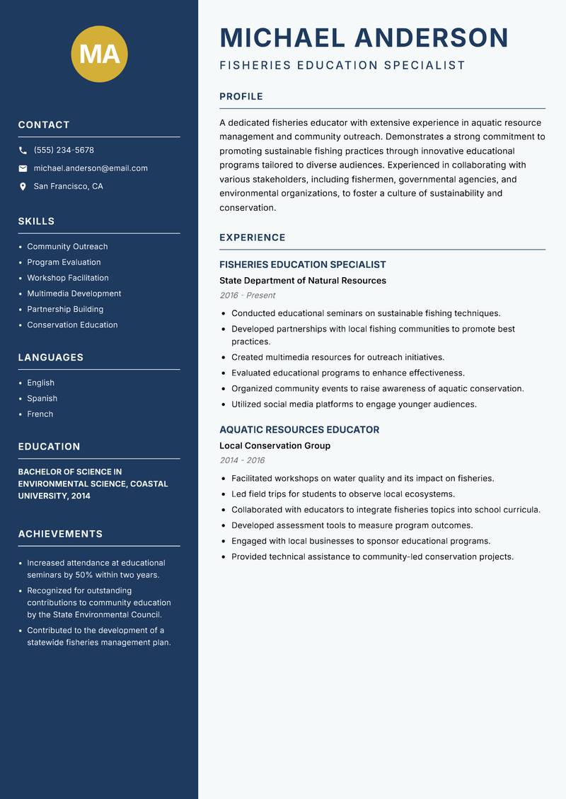 Fisheries Educator Resume Preview Example