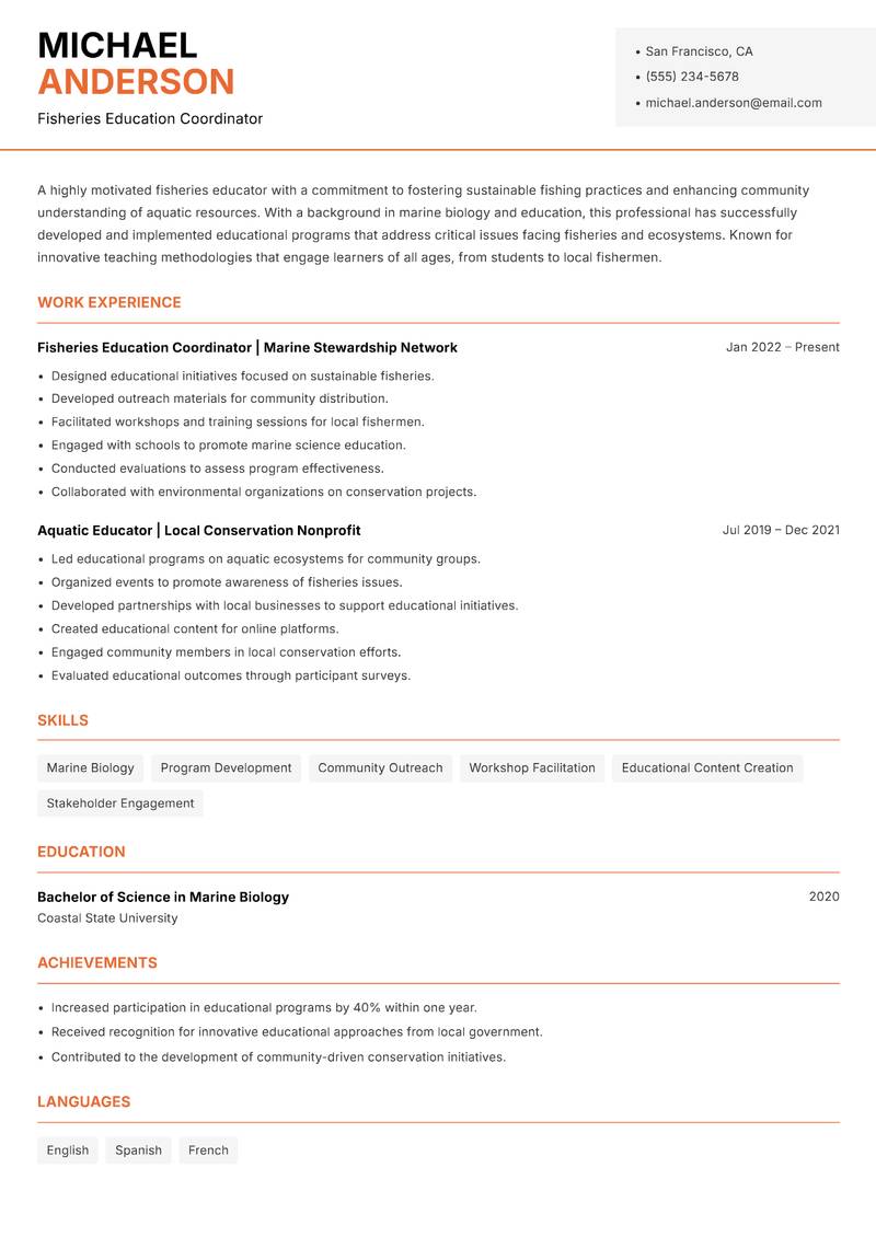 Fisheries Educator Resume Template