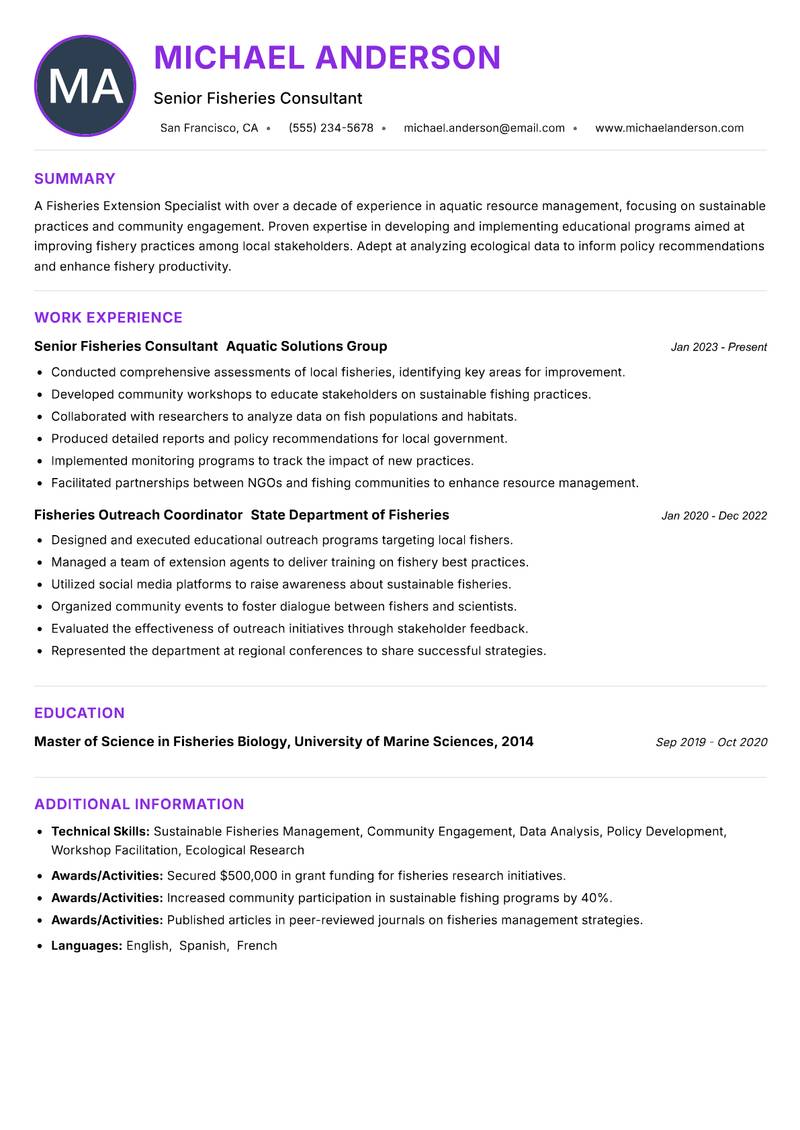 Fisheries Extension Specialist Resume Preview Example