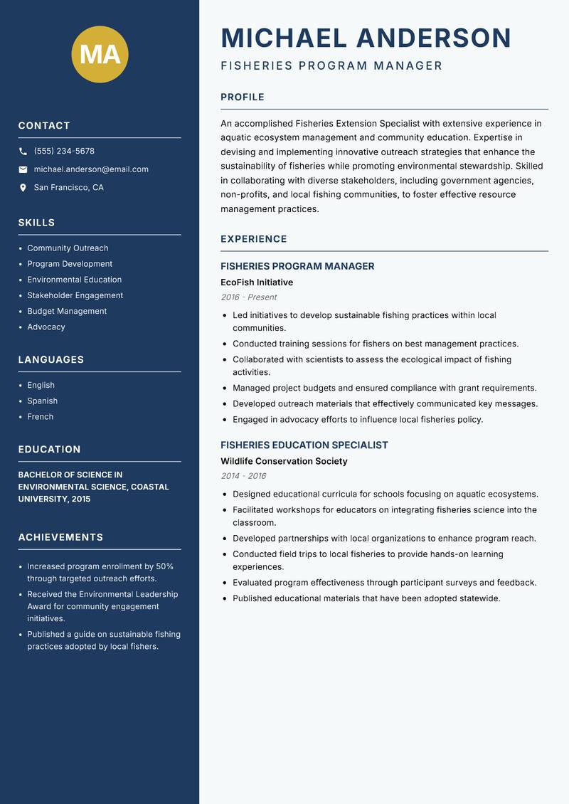 Fisheries Extension Specialist Resume Preview Example