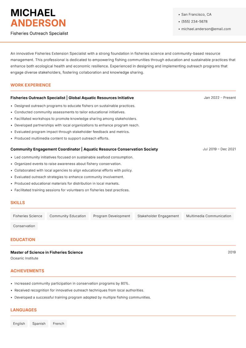 Fisheries Extension Specialist Resume Template