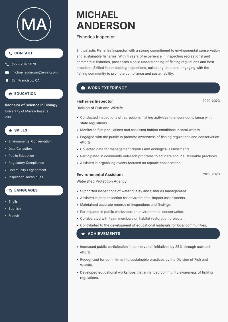 Fisheries Inspector Resume Preview Example