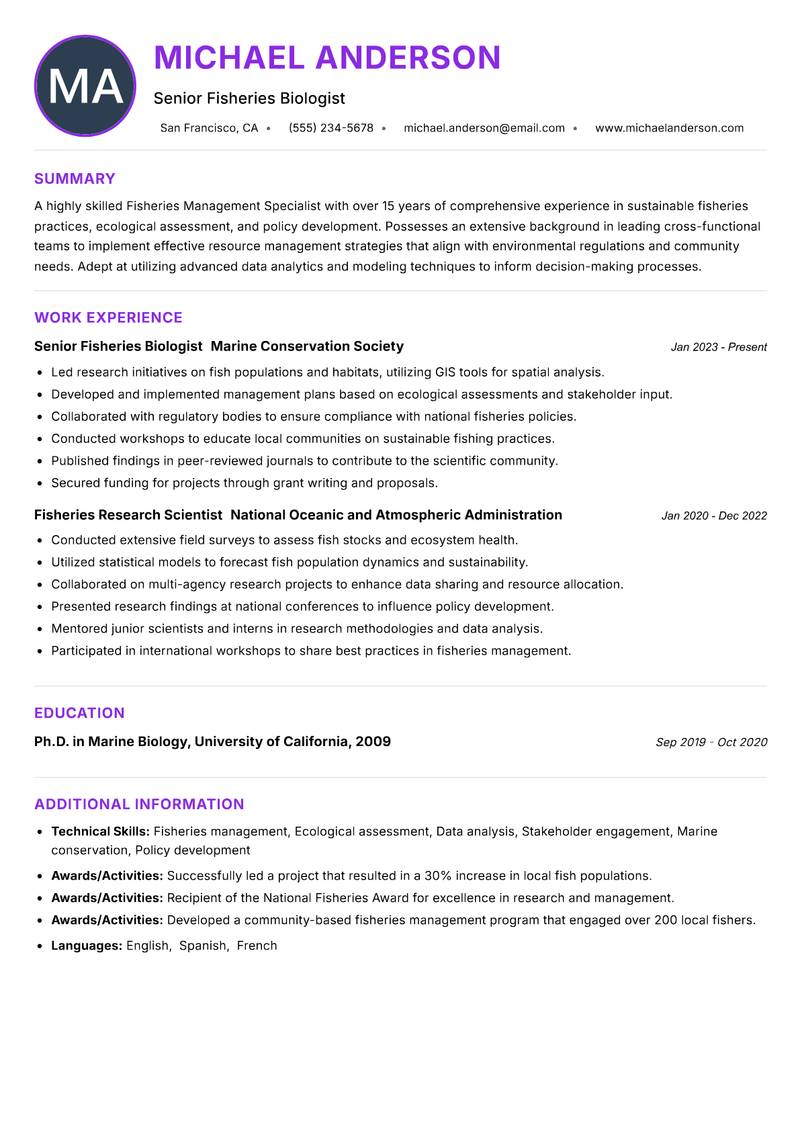 Fisheries Management Specialist Resume Preview Example