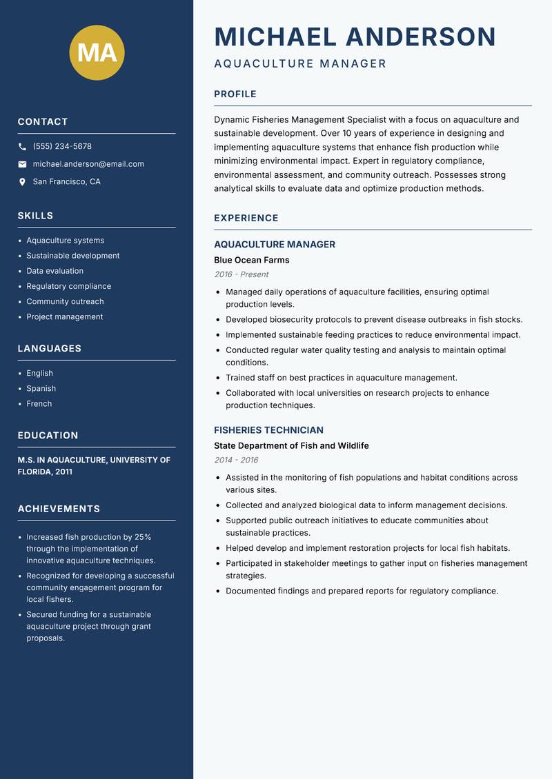 Fisheries Management Specialist Resume Preview Example