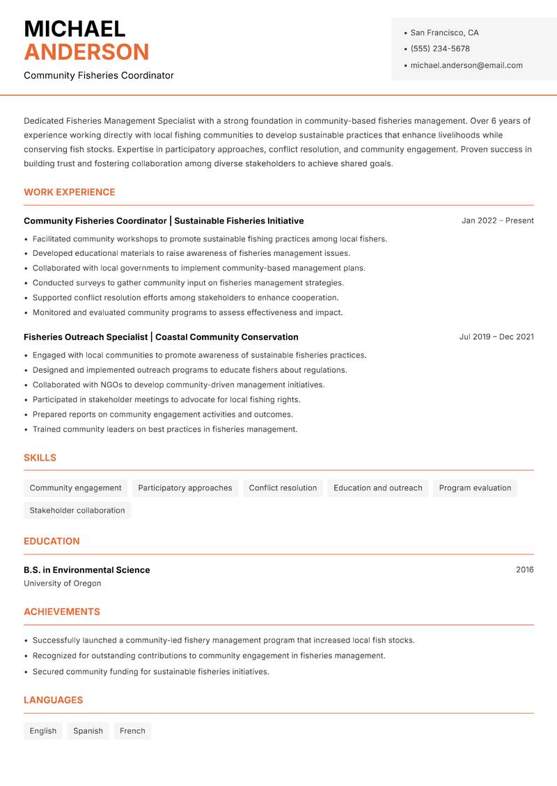 Fisheries Management Specialist Resume Template