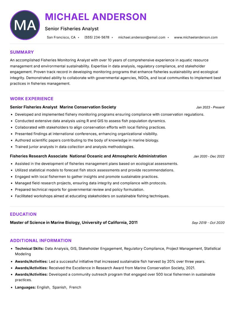 Fisheries Monitoring Analyst Resume Preview Example