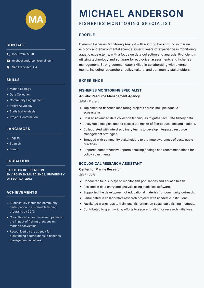 Fisheries Monitoring Analyst Resume Preview Example