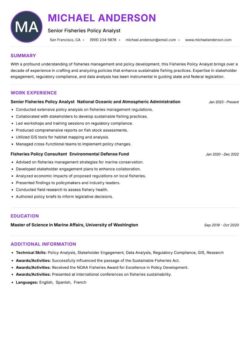 Fisheries Policy Analyst Resume Preview Example