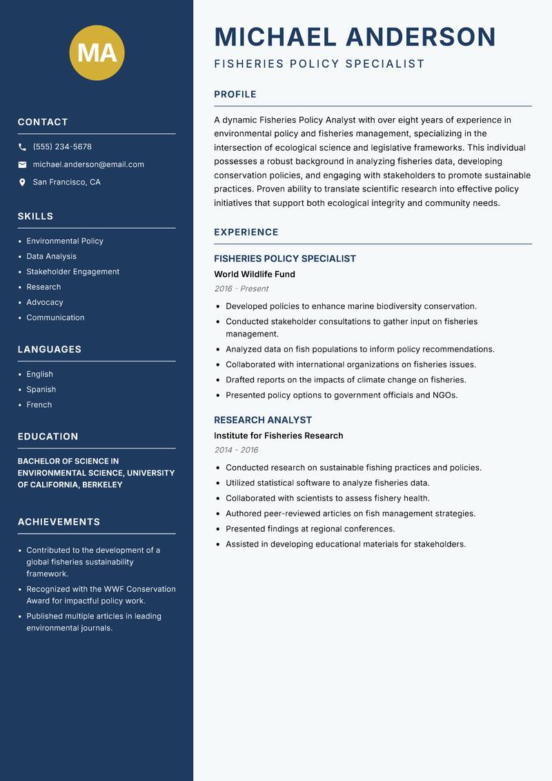 Fisheries Policy Analyst Resume Preview Example
