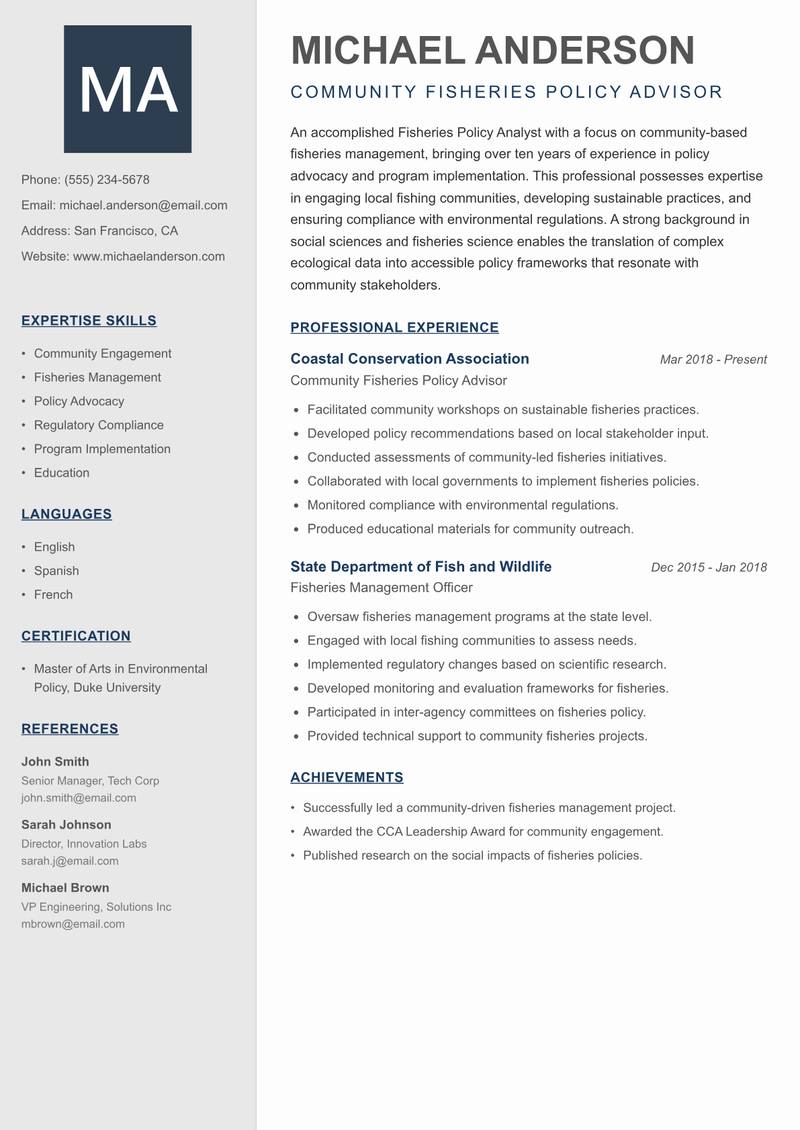 Fisheries Policy Analyst Resume Preview Example