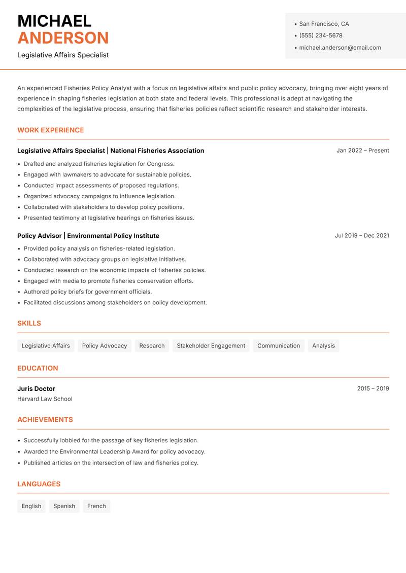 Fisheries Policy Analyst Resume Template