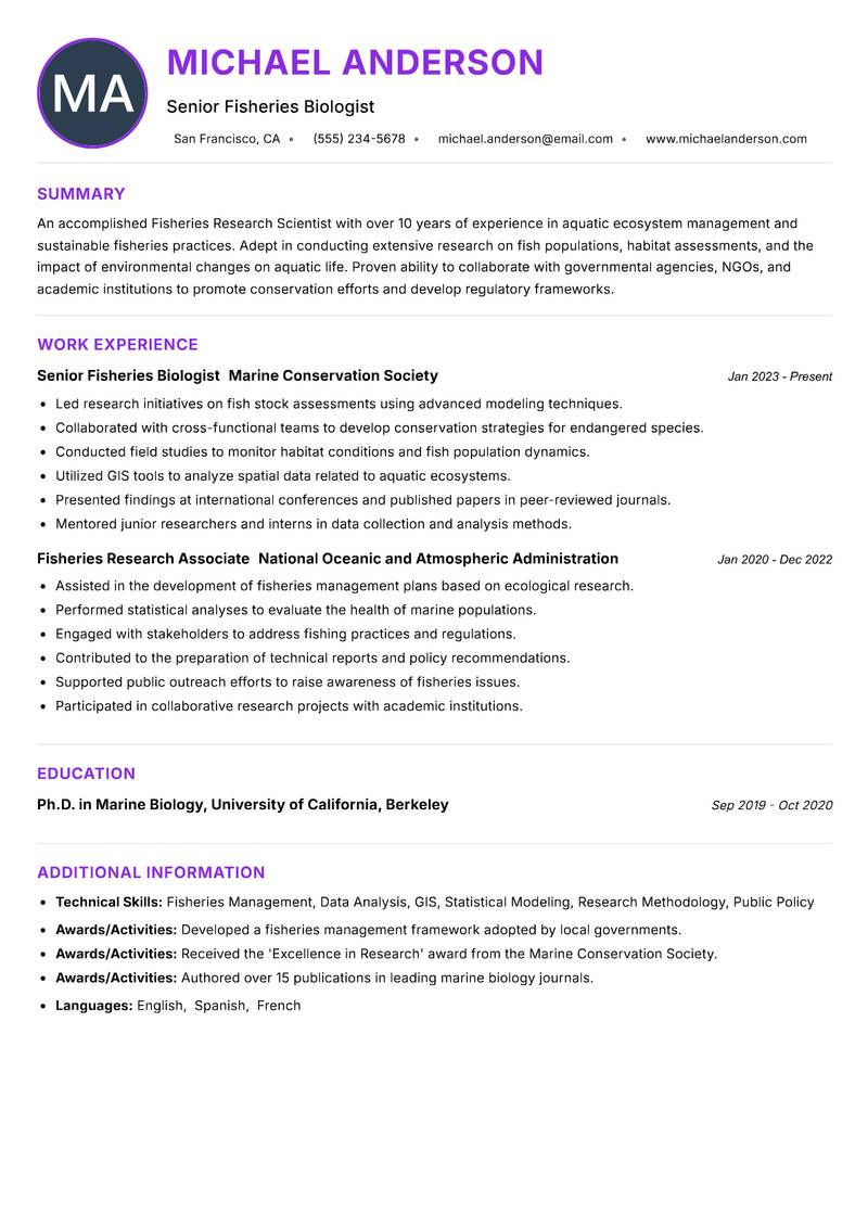 Fisheries Research Scientist Resume Preview Example
