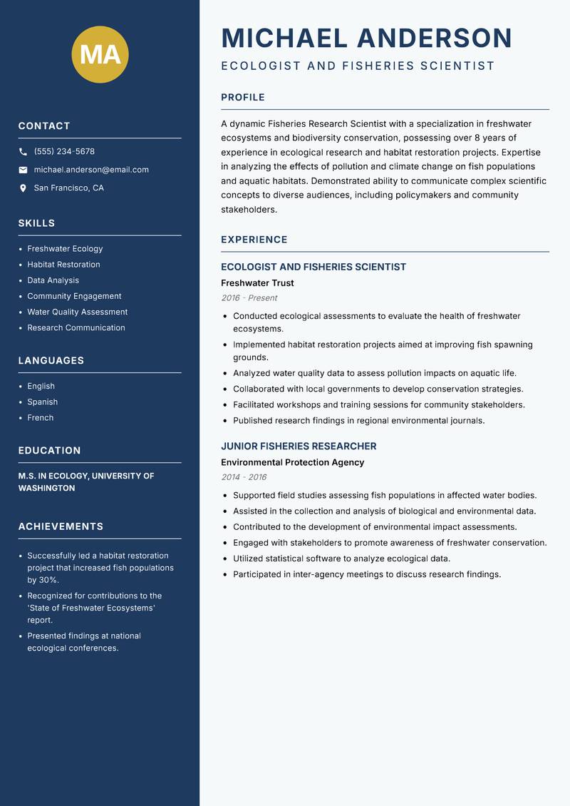 Fisheries Research Scientist Resume Preview Example