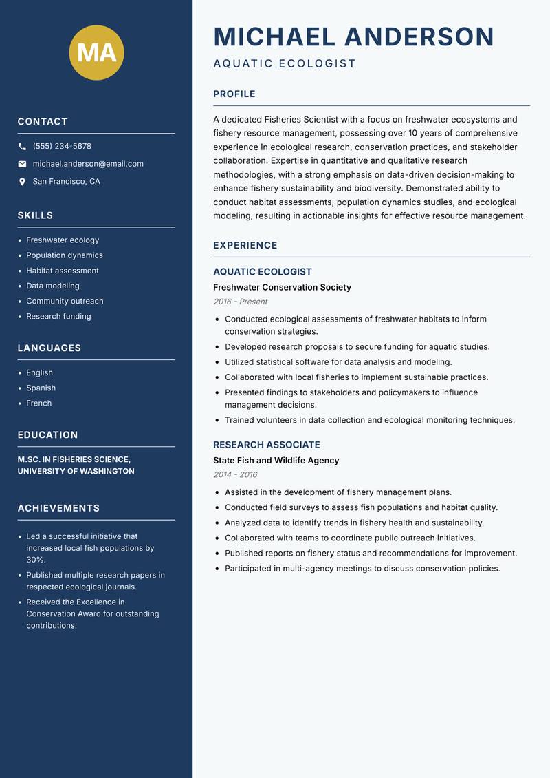 Fisheries Scientist Resume Preview Example