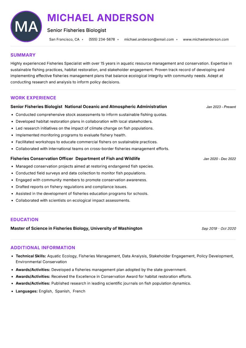 Fisheries Specialist Resume Preview Example