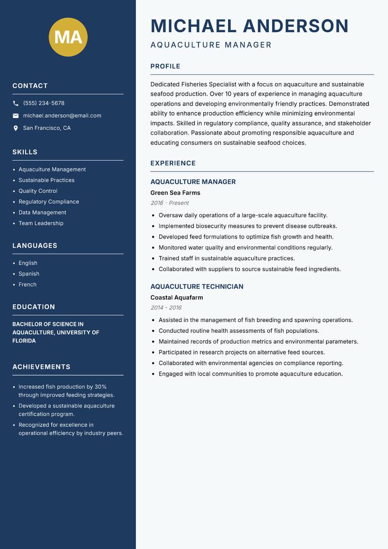Fisheries Specialist Resume Preview Example