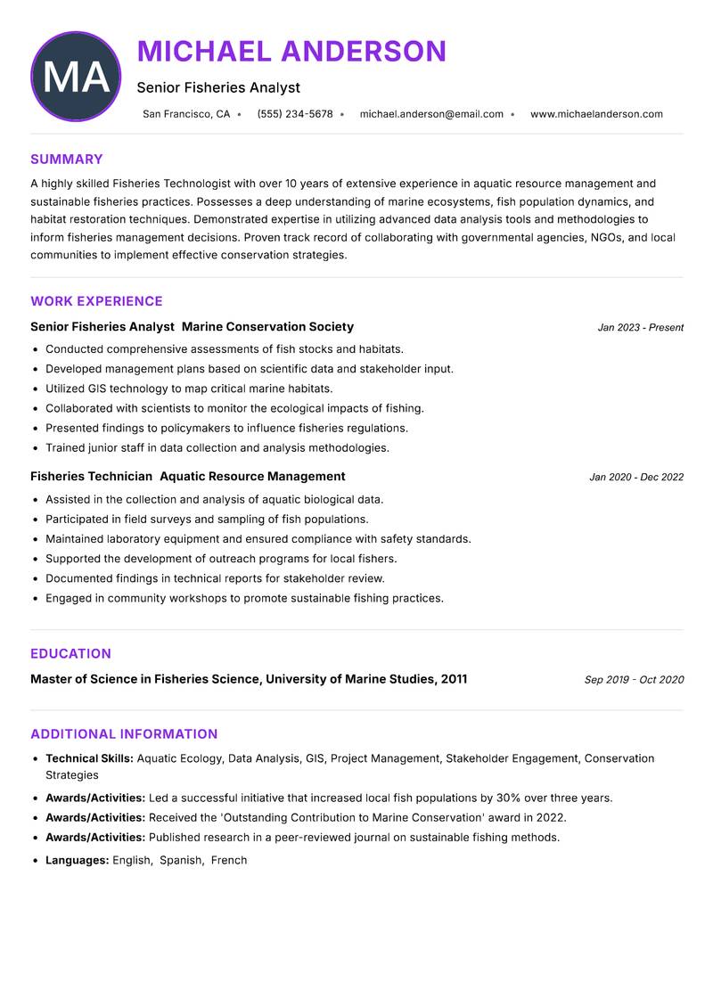 Fisheries Technologist Resume Preview Example
