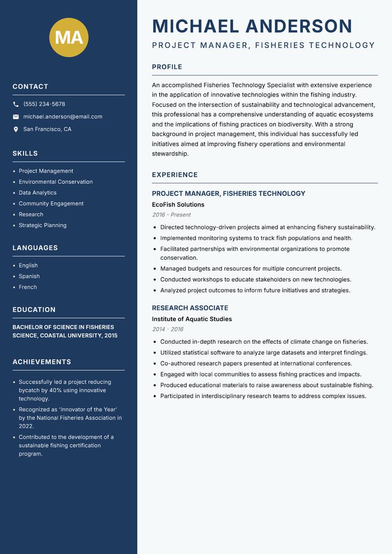 Fisheries Technology Specialist Resume Preview Example