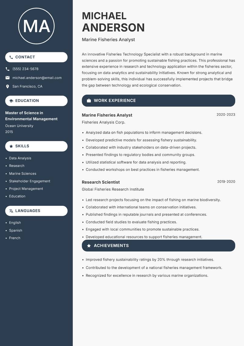 Fisheries Technology Specialist Resume Preview Example
