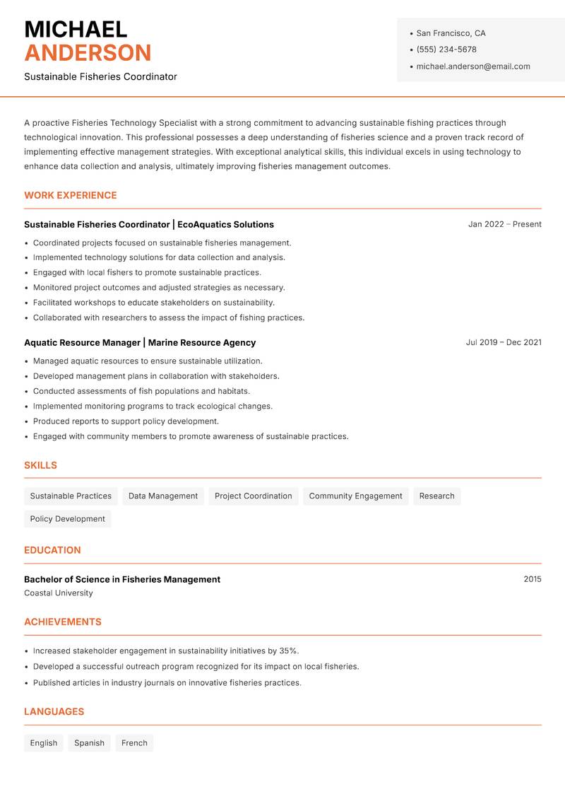 Fisheries Technology Specialist Resume Template