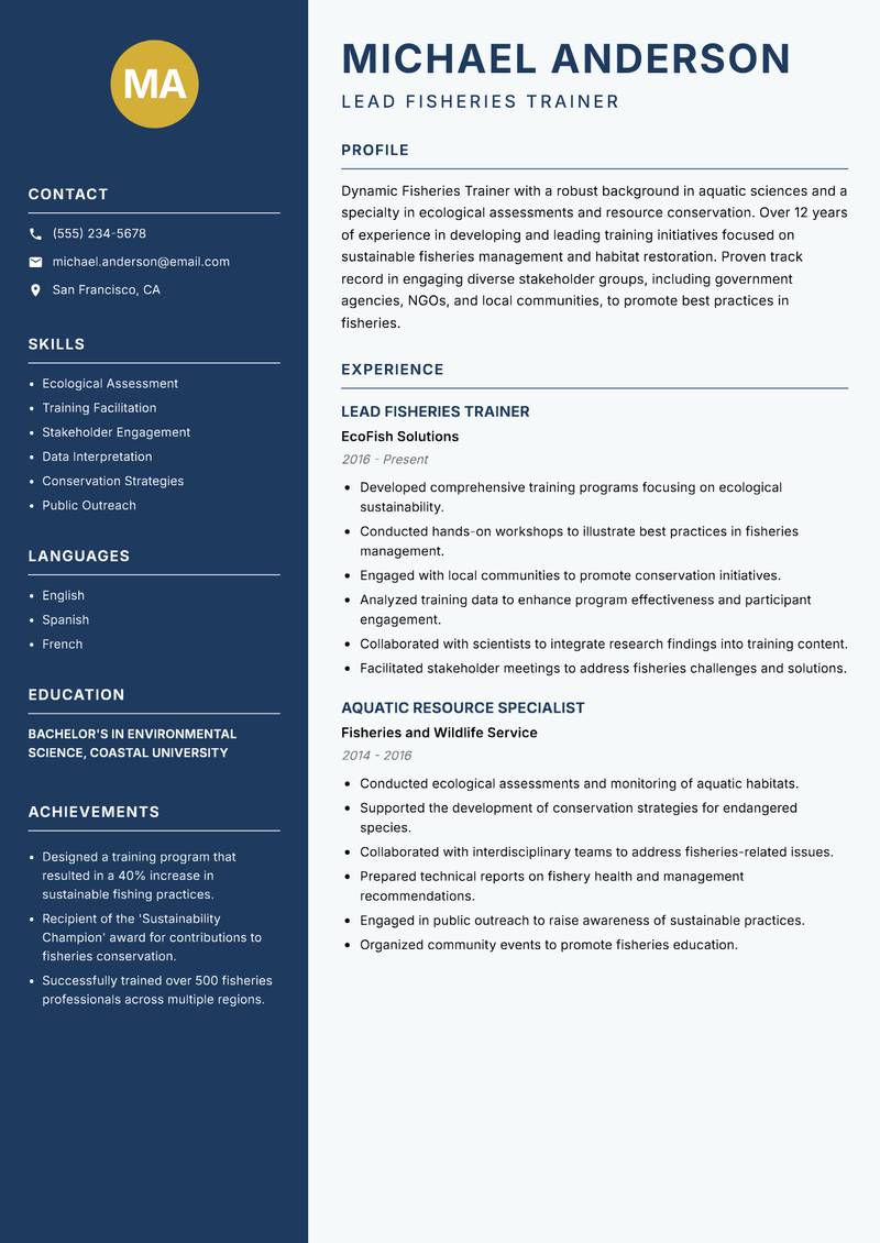 Fisheries Trainer Resume Preview Example