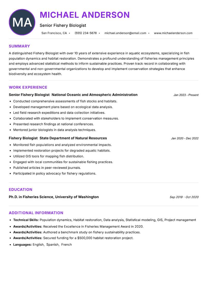 Fishery Biologist Resume Preview Example