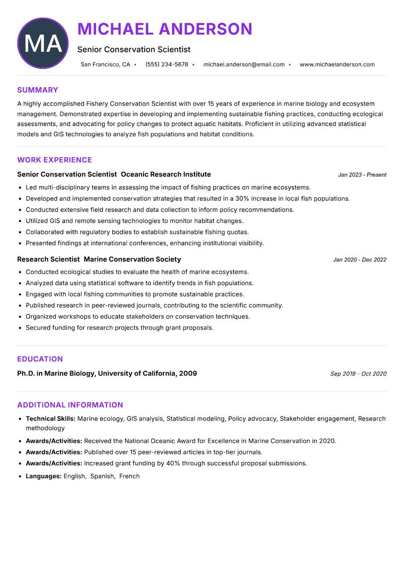 Fishery Conservation Scientist Resume Preview Example