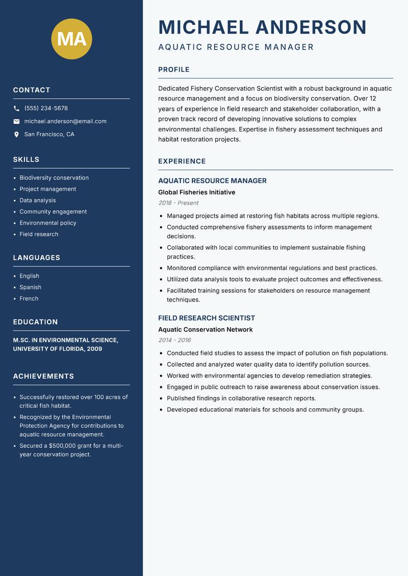Fishery Conservation Scientist Resume Preview Example