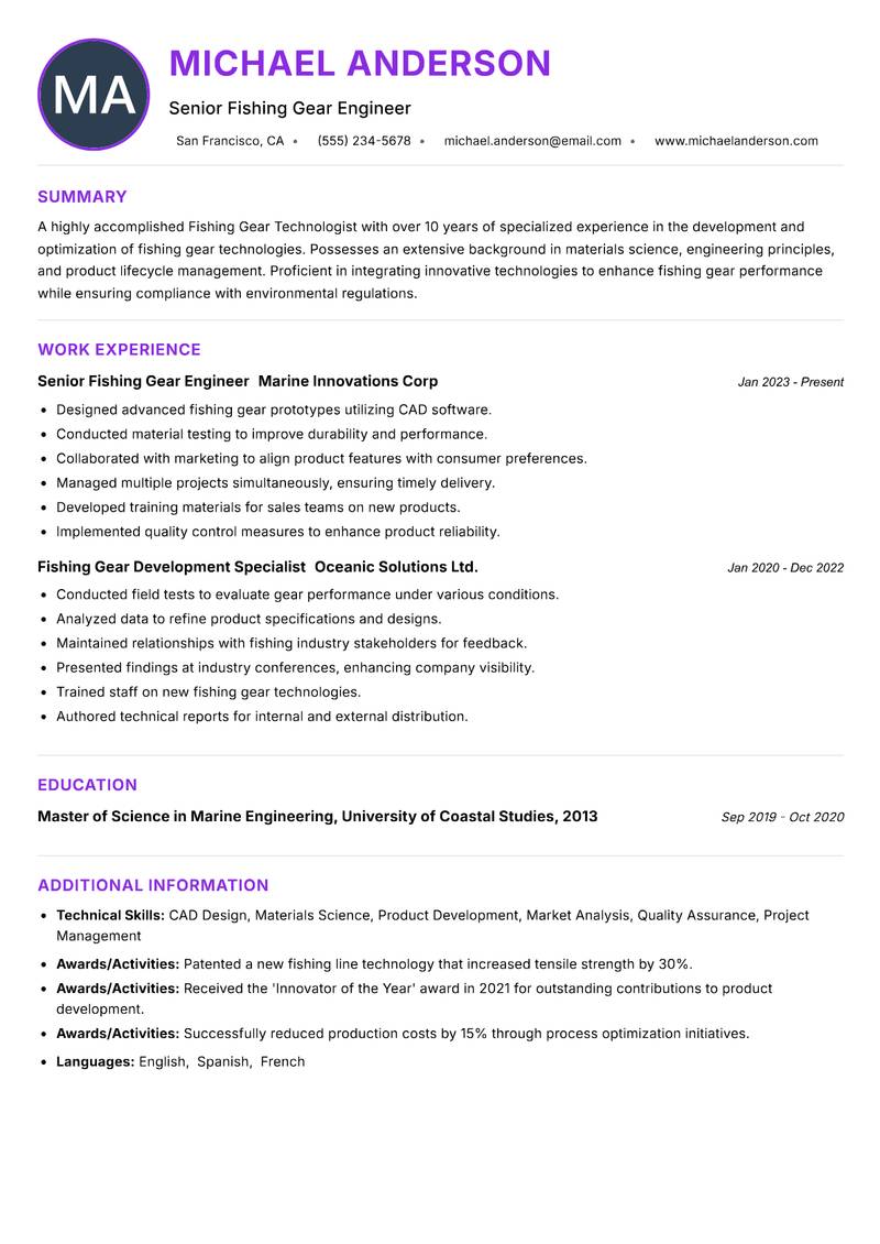 Fishing Gear Technologist Resume Preview Example