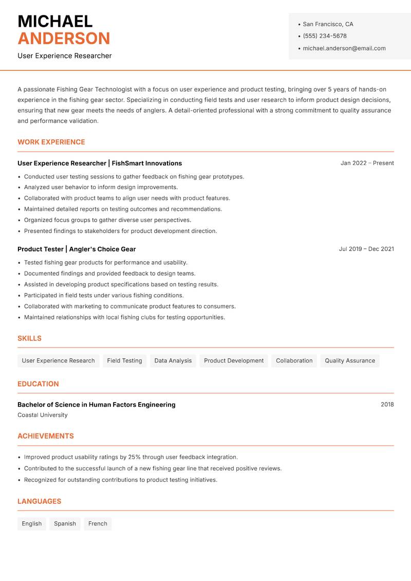Fishing Gear Technologist Resume Template
