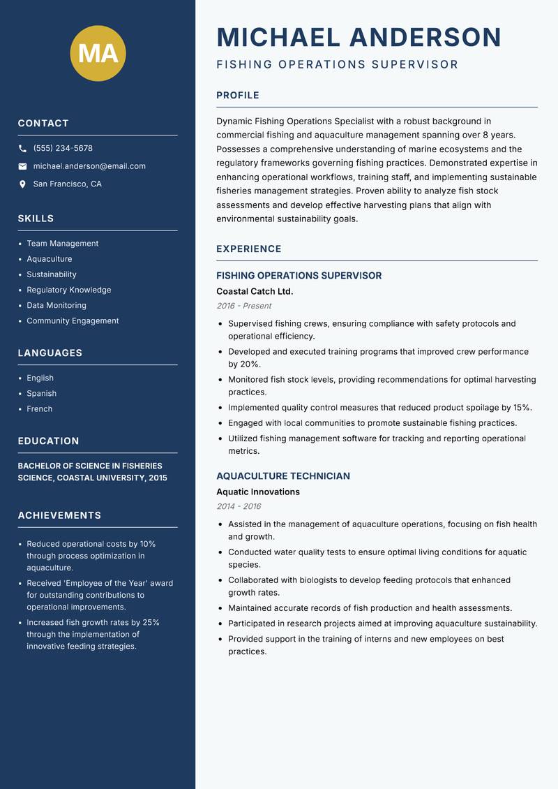 Fishing Operations Specialist Resume Preview Example